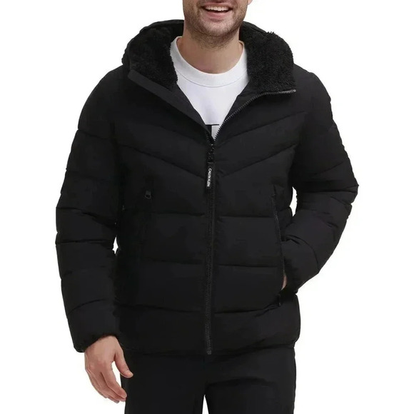 ❤️ Calvin Klein mens Winter Coat -  Puffer Stretch Jacket With Sherpa Hood-Ebony - Picture 1 of 9